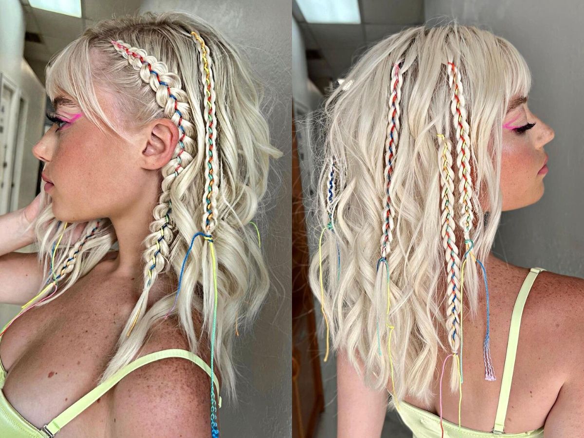 Mid-Length Blonde Hair with Rave Baby Braids and Bangs