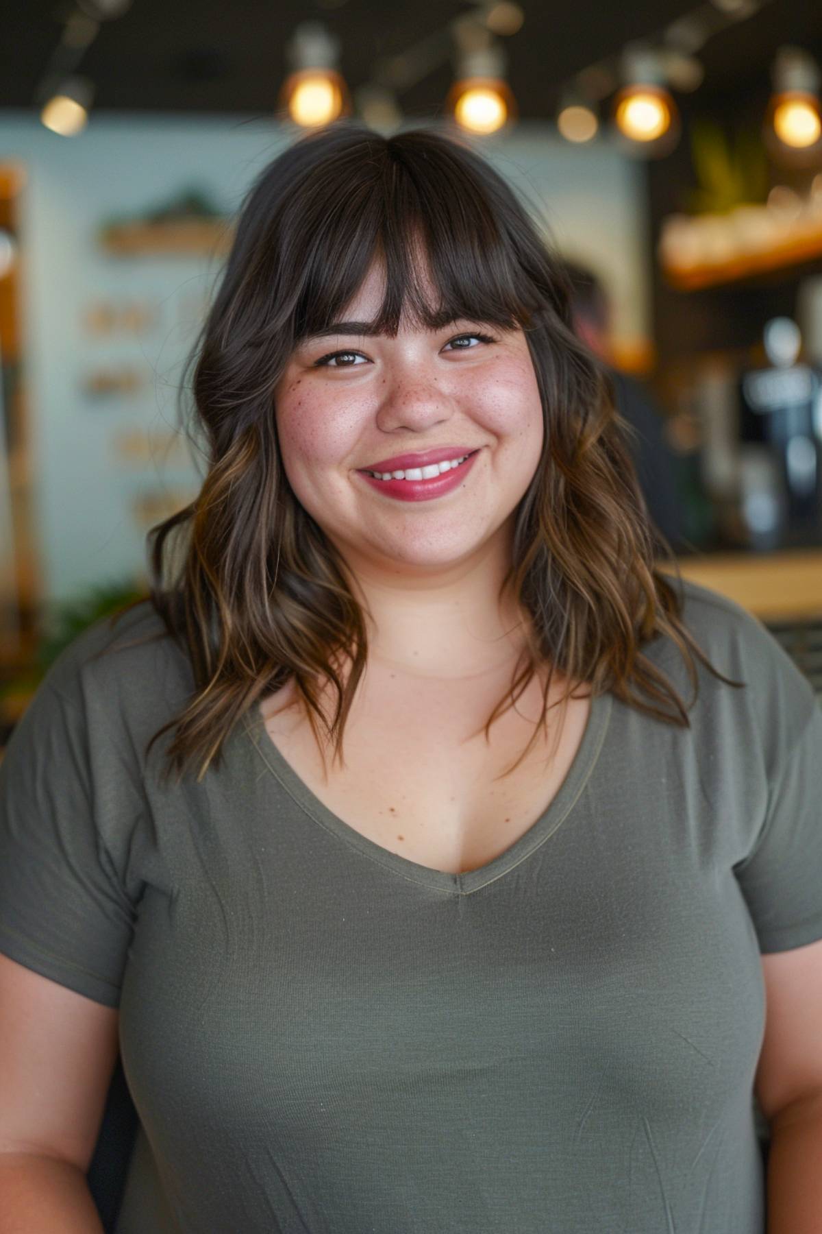 Shoulder-length long French bob with bangs for round face shapes