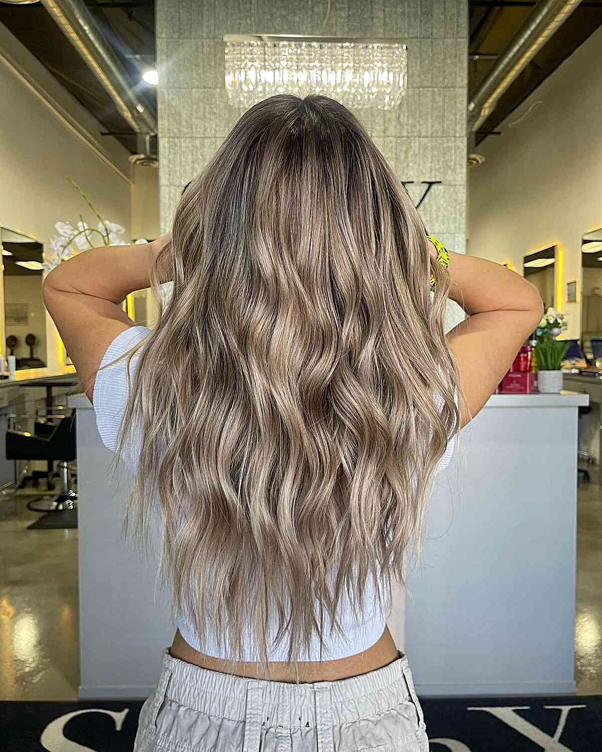 Balayage Dirty Blonde Partial Highlights for Waist-Length Haircut