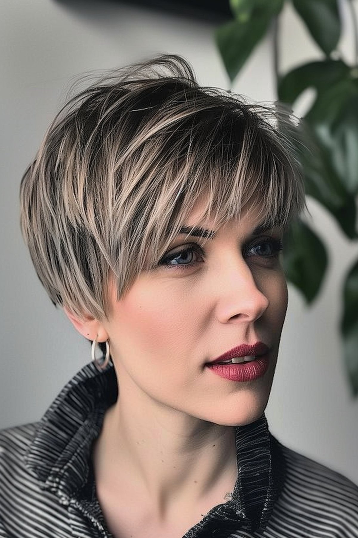 Short feathered thick pixie haircut with balayage highlights