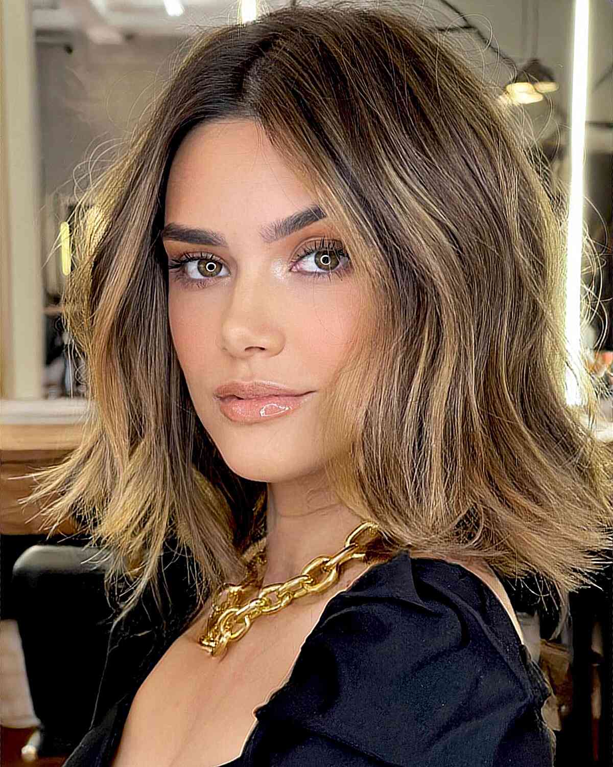 Balayage Lob for Thick Hair Types and ladies with a middle part