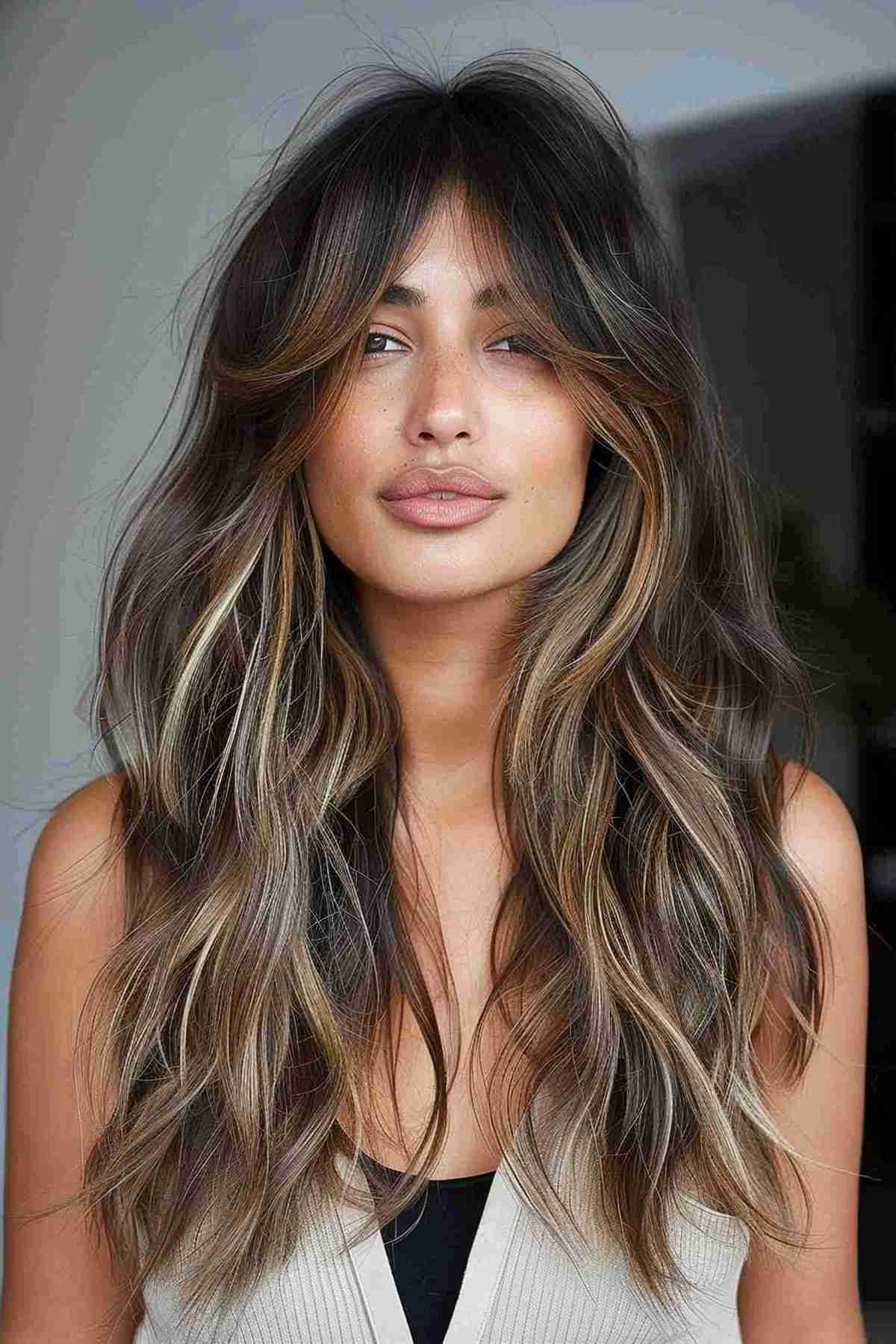 Woman with balayage long layers and curtain bangs, styled for added dimension and depth.