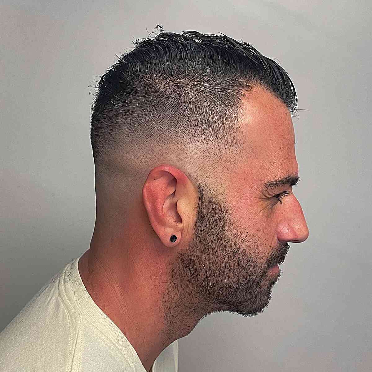 Bald Fade Combed-Back Hair on Older Men with Beards