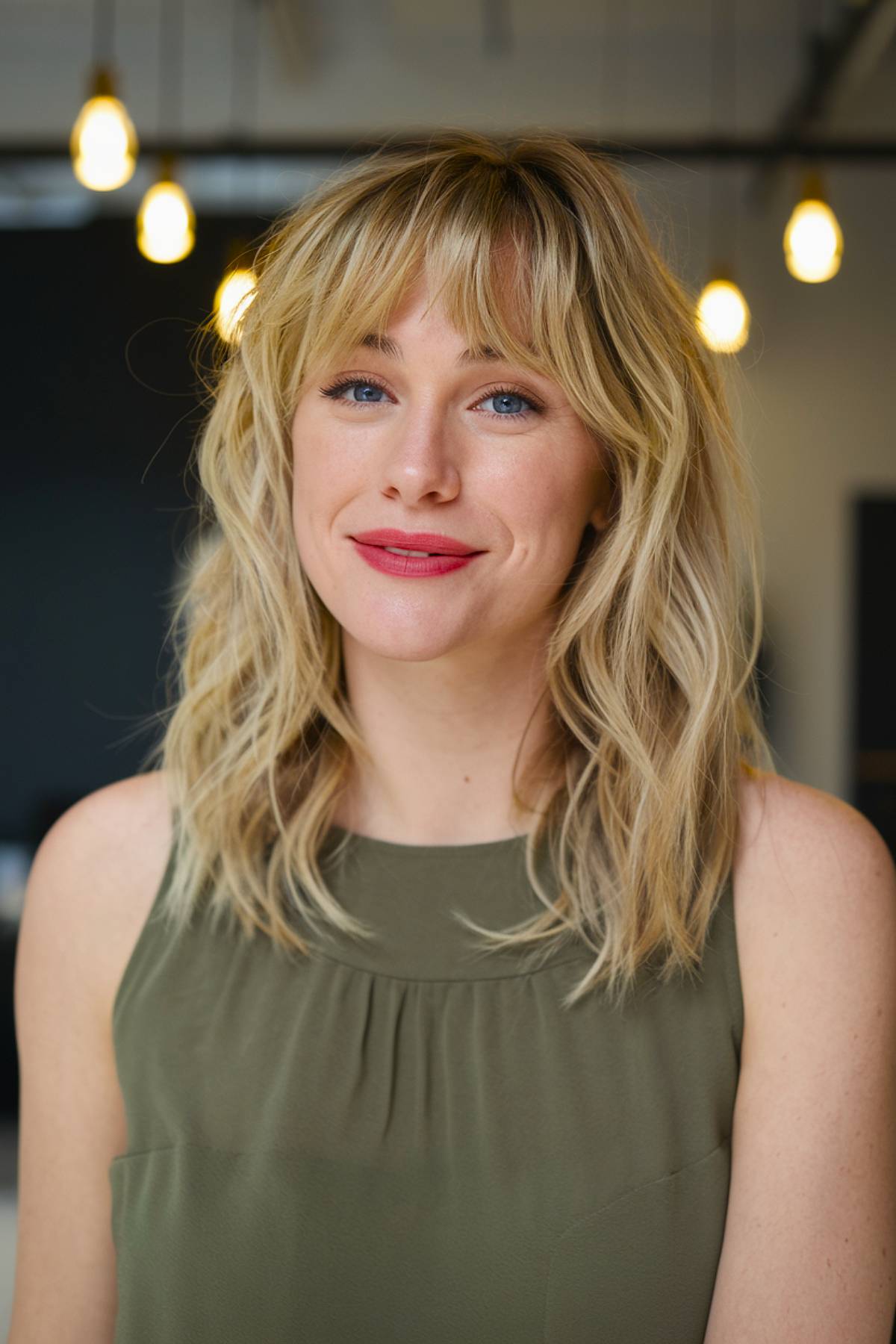 Soft, tousled blonde waves with effortless bangs that frame the face beautifully