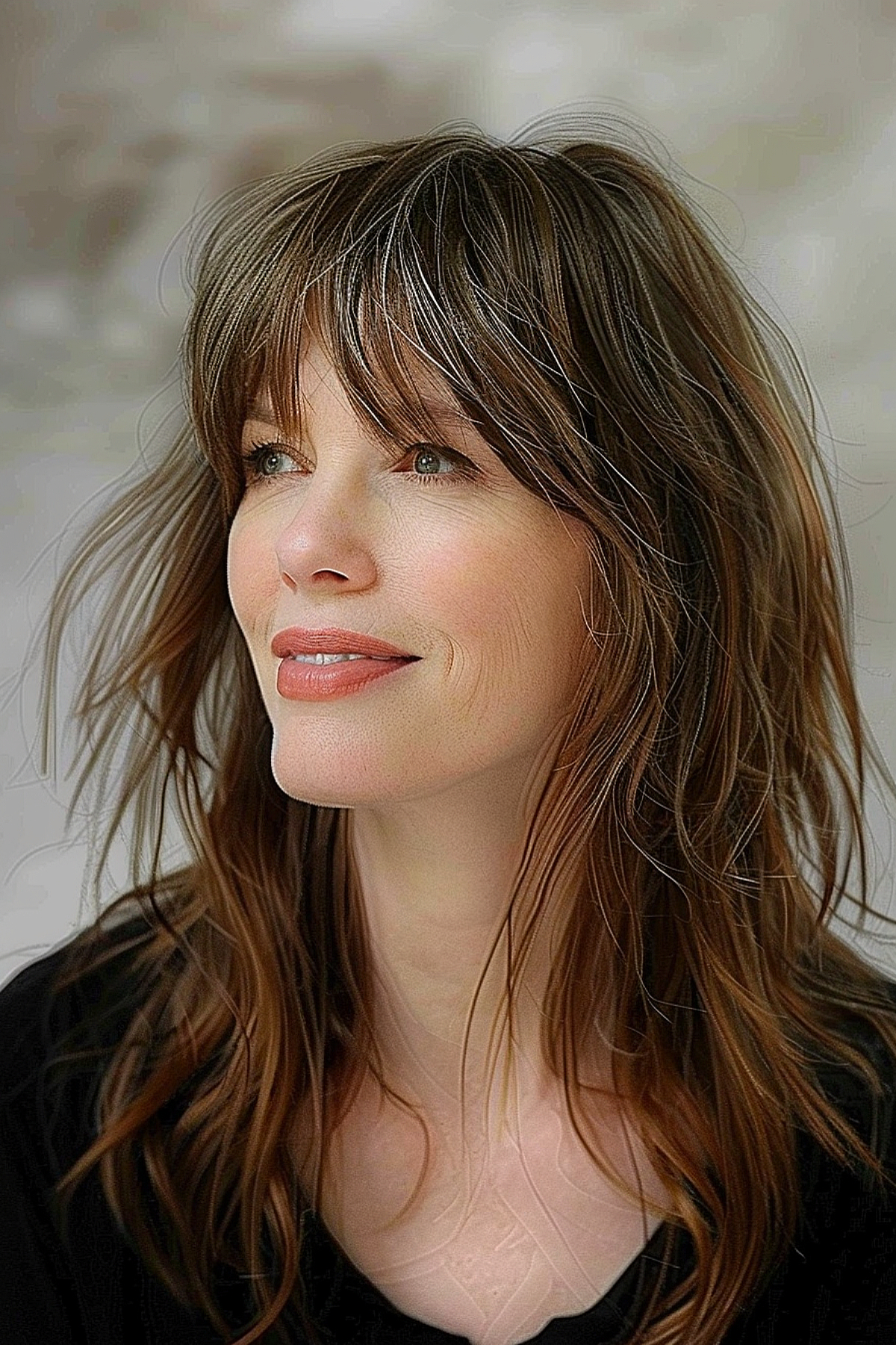 Wavy medium length hair with soft textured bangs creates an elongated face shape and is perfect for women over 40.