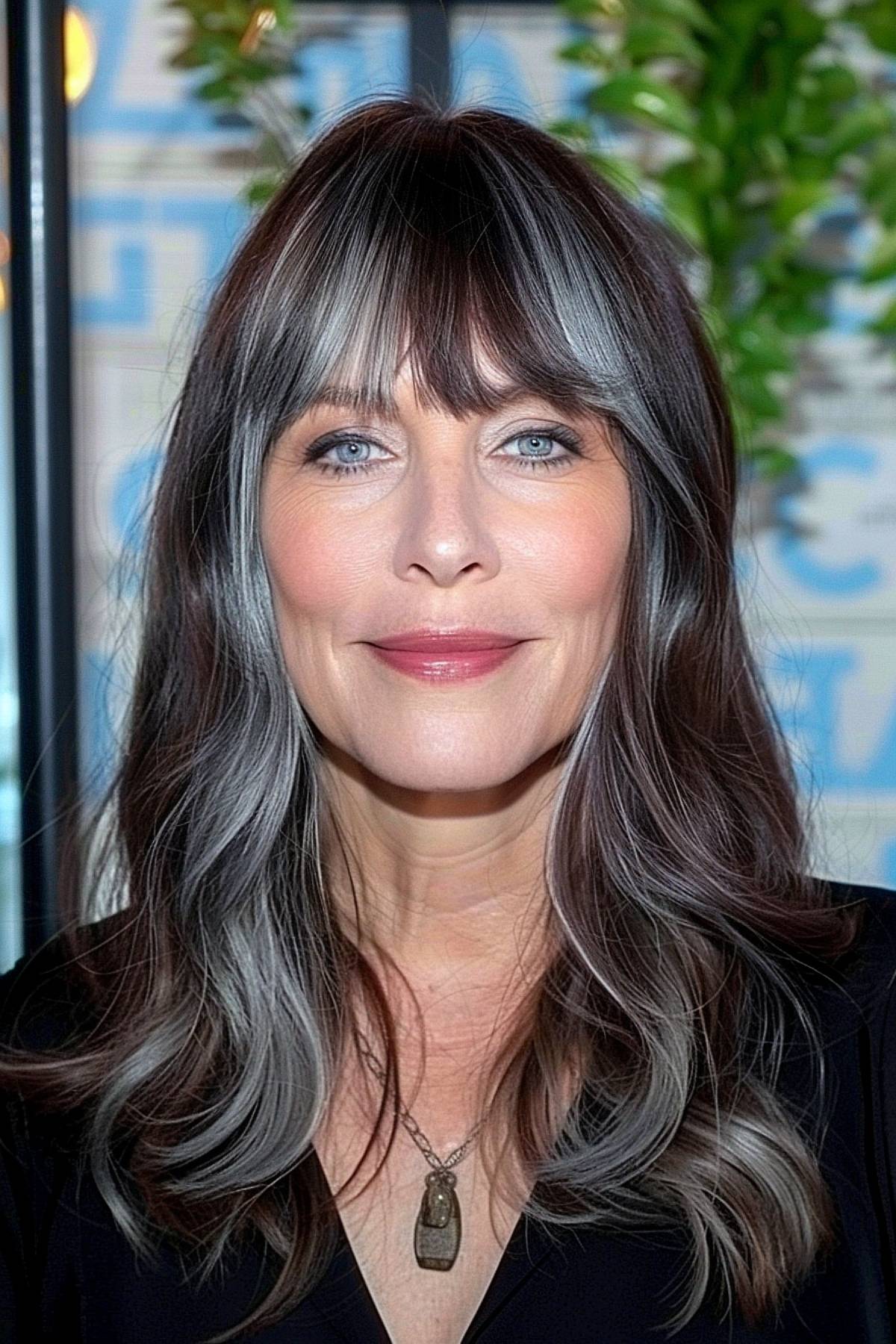 Silver-haired woman with modern bangs.  She gives a youthful look befitting her long face, which is over 50 years old.
