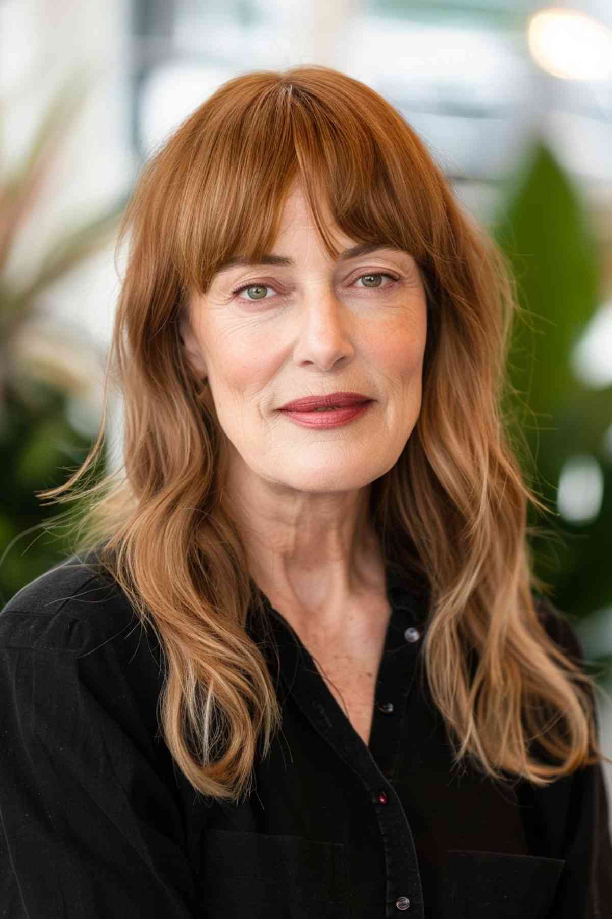 A woman over 60 with soft bangs and warm-toned medium length hair, a style that complements her long face shape.