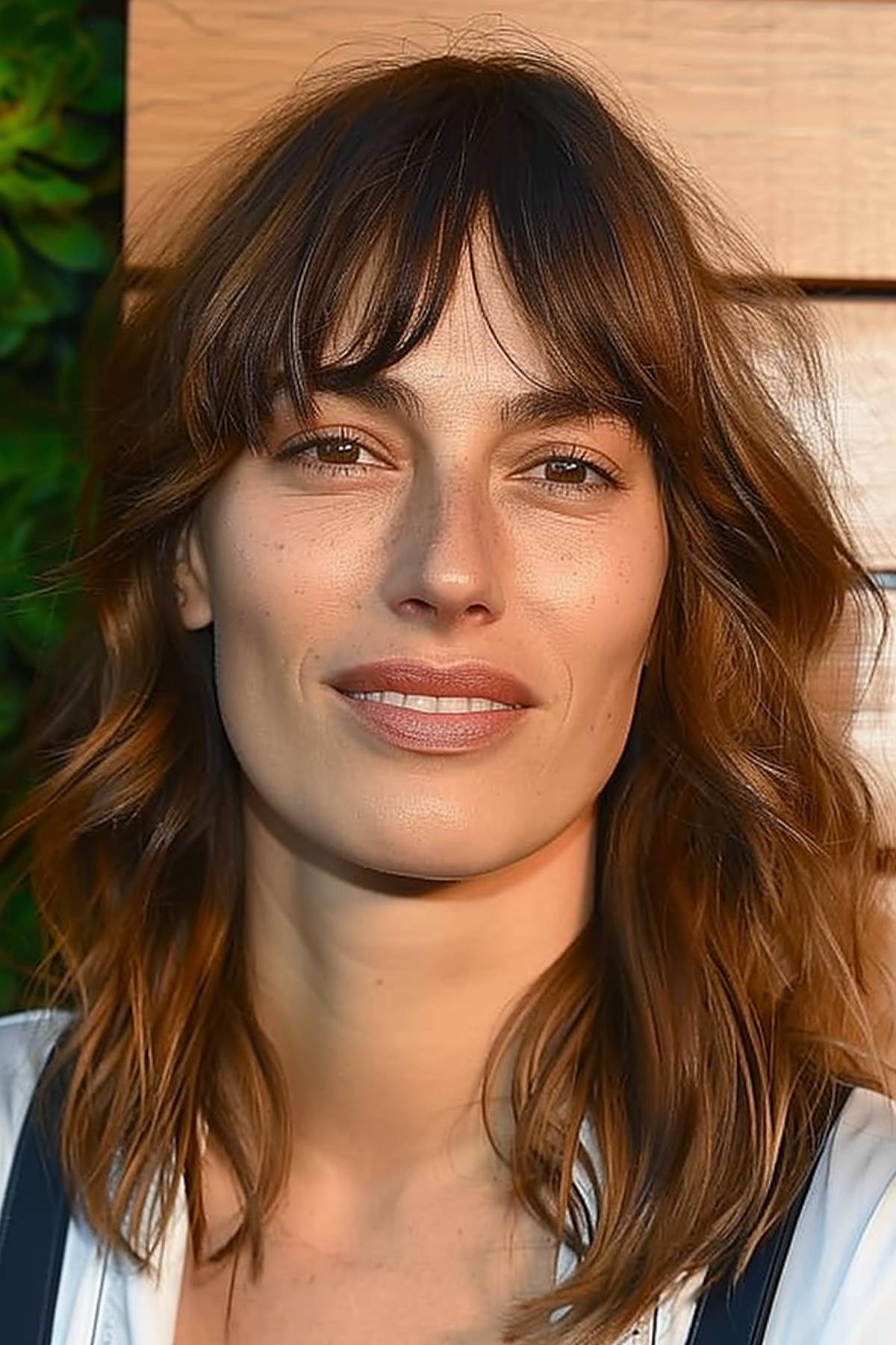 Face-framing bangs are designed to add width and balance to elongated face shapes.