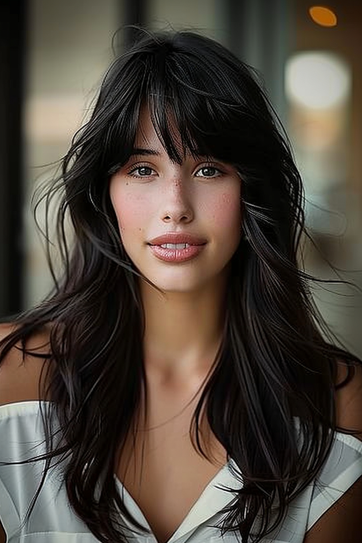 Her long black hair has round bangs that soften and balance her long facial features.