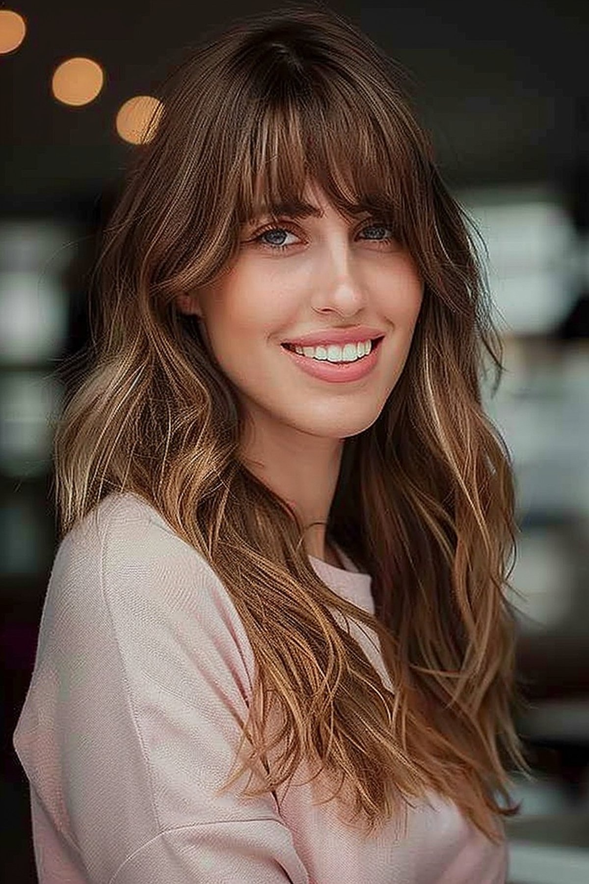 Long layered hair with full bangs and voluminous waves, perfect for adding width to long faces.