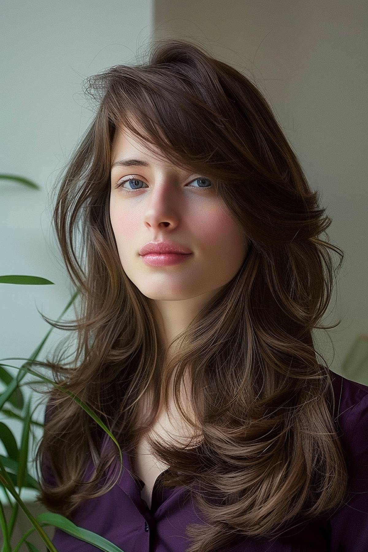 Layered long hair with soft side bangs adds volume and softens the shape of your long face.