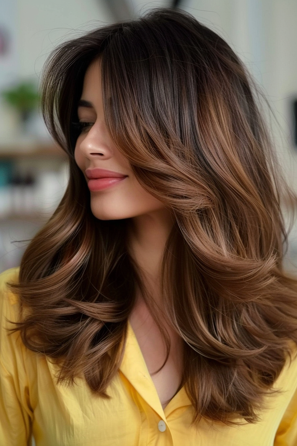A layered long haircut with curtain bangs that frames the face is perfect for creating a romantic look on an elongated face.