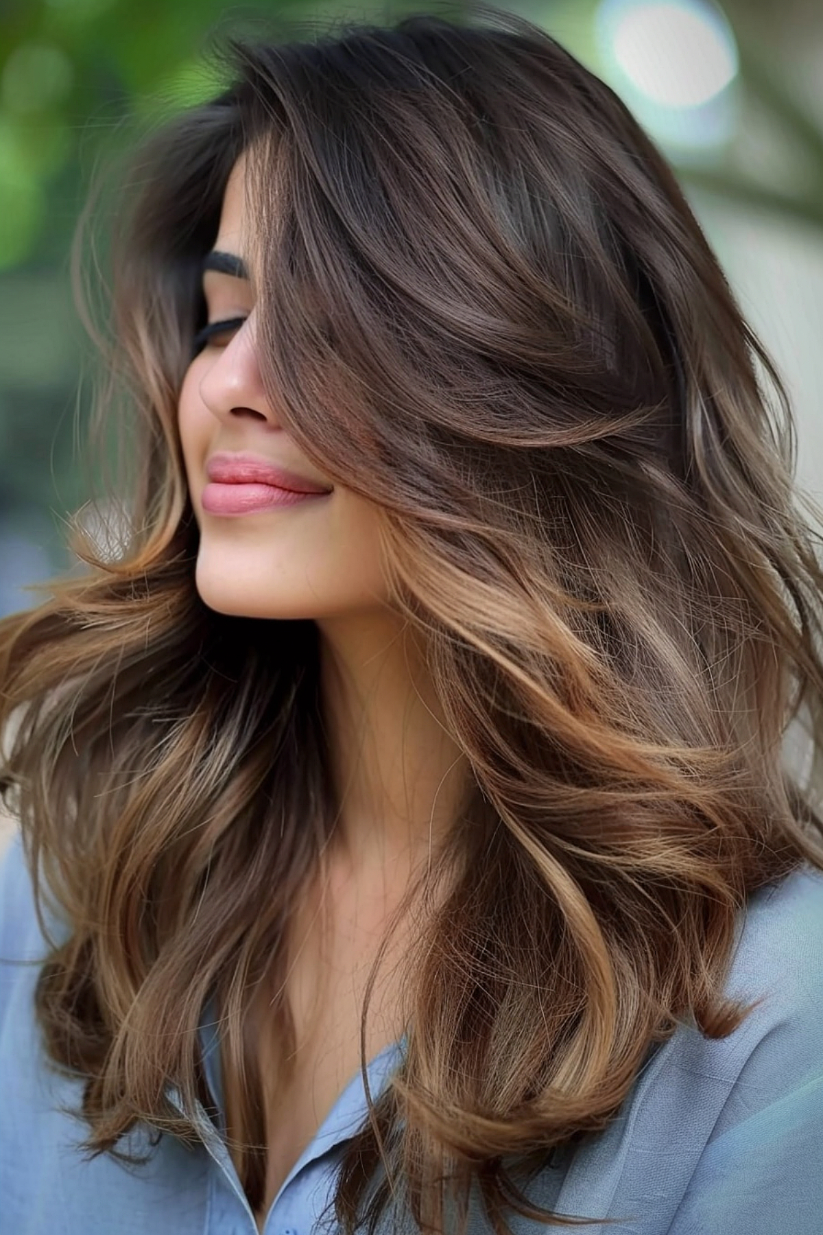 Medium length layered hairstyle with curtain bangs and subtle balayage highlights.