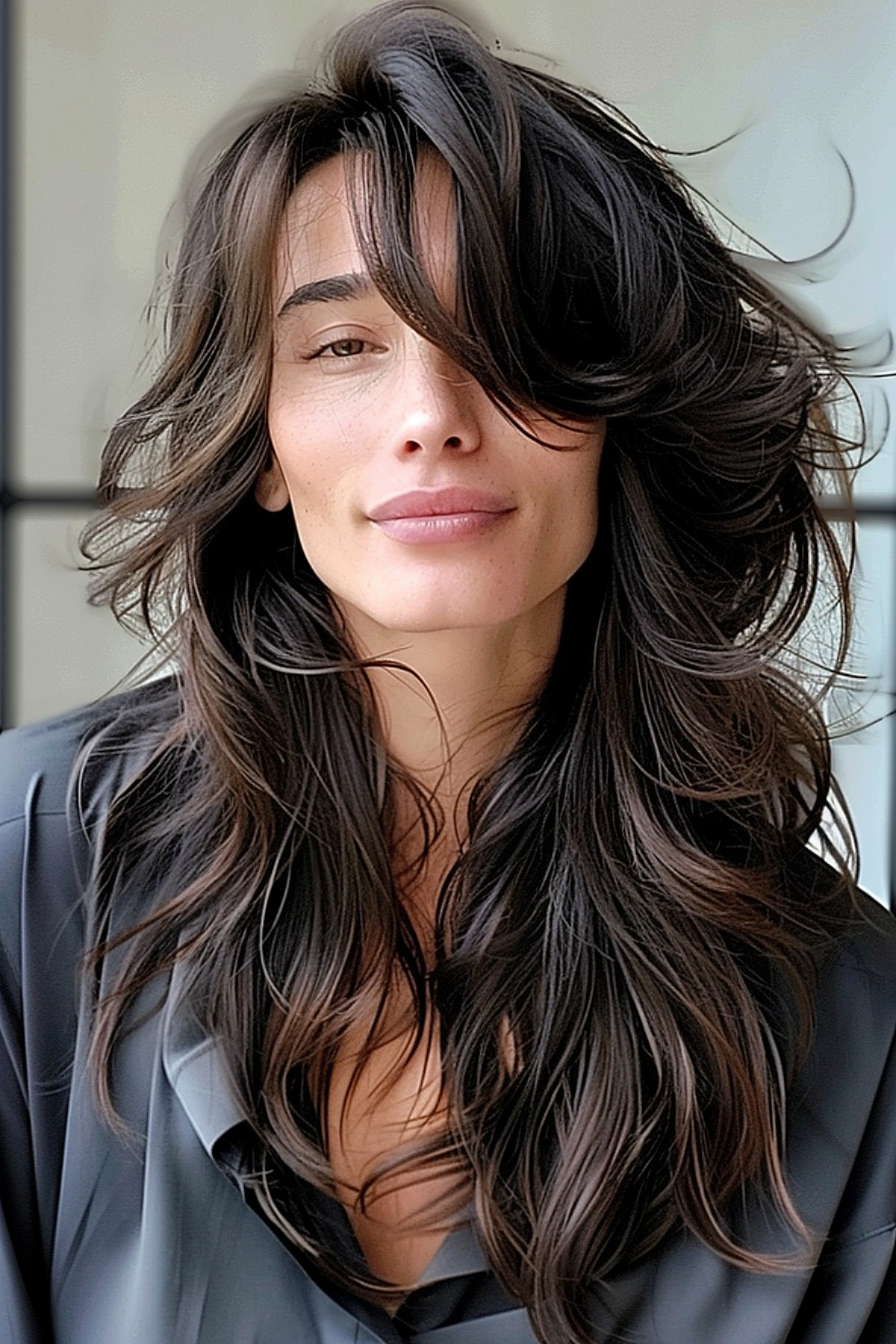 Long layers with parts around the face and bangs. Versatile and suitable for all hair types.