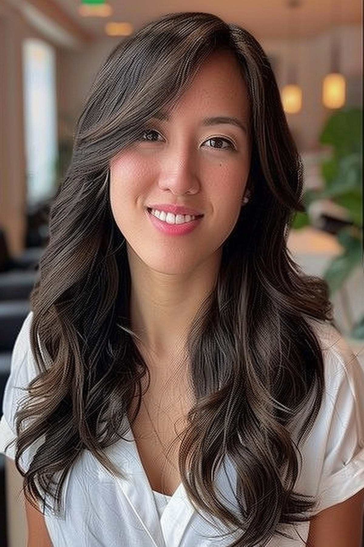 Long layered hairstyles with side swept bangs add volume and elegance, making them perfect for thick hair.
