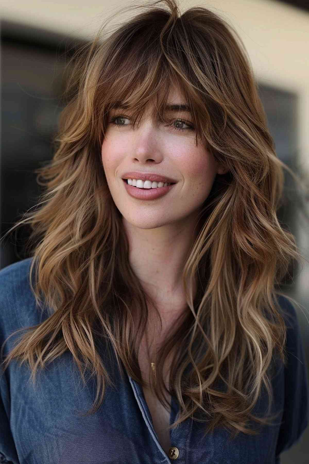 Long hair with soft curtain bangs creates a romantic atmosphere that suits the oval face.