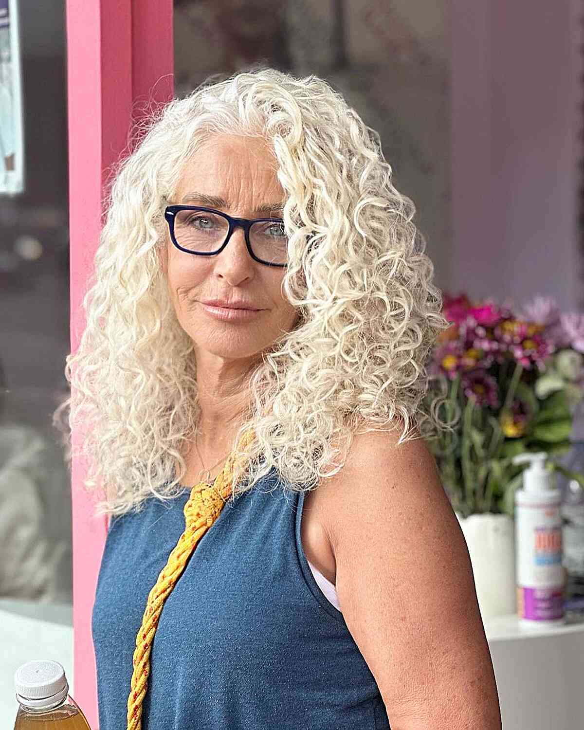 Barbie Blonde Loose Curls on Long Hair for 60-year-olds with Specs