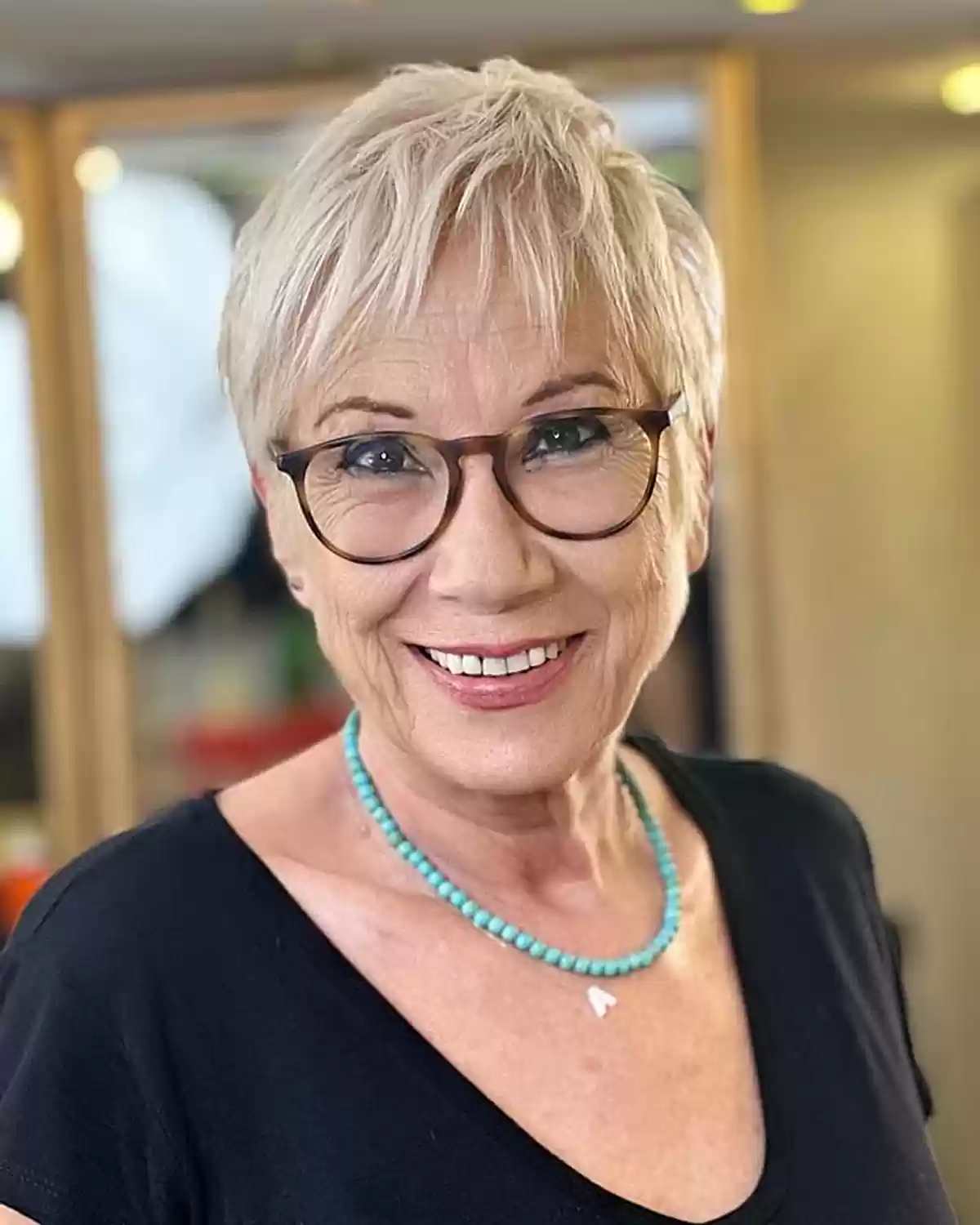 Barbie Blonde Piecey Pixie Cut for Ladies Over 60 with Specs