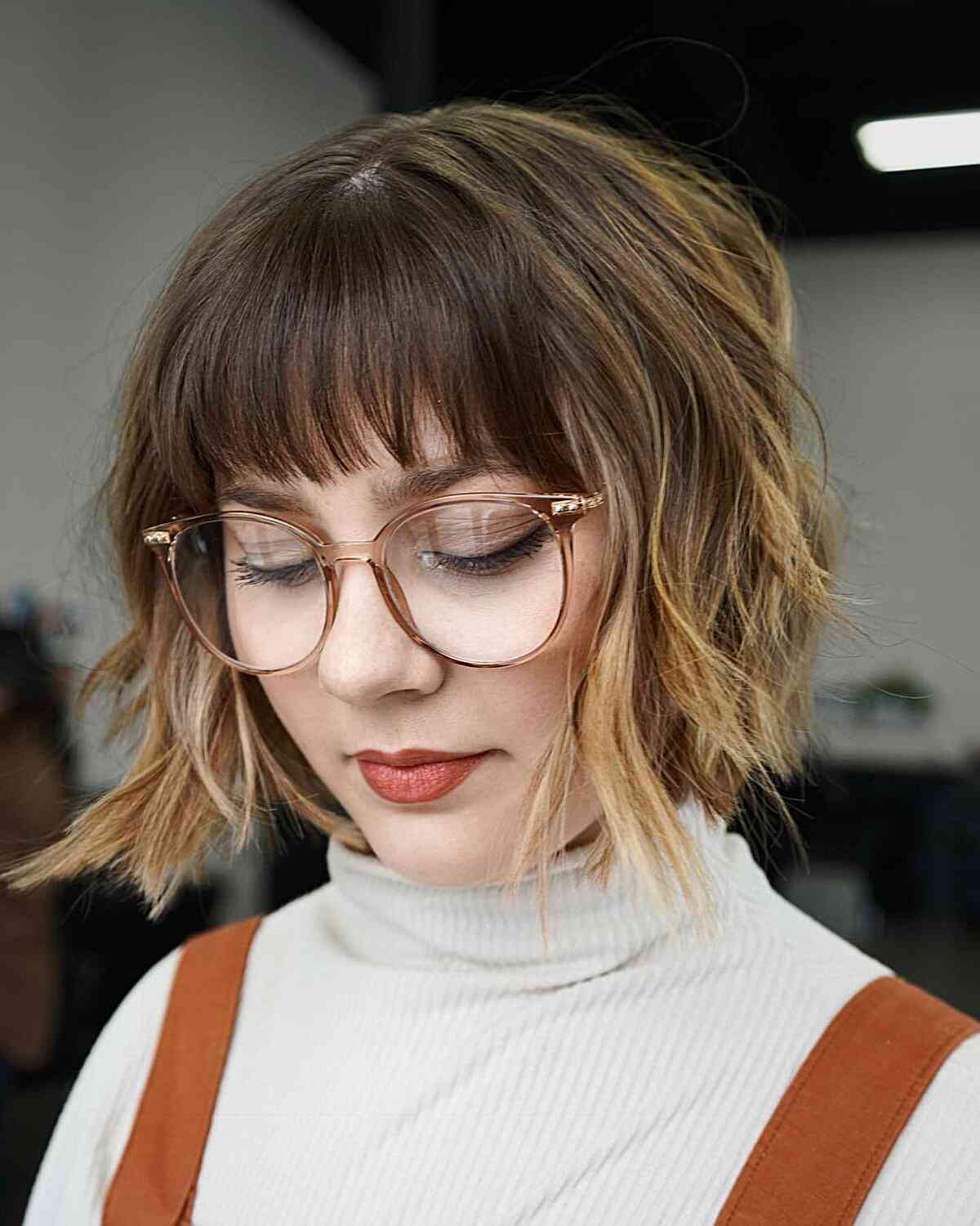 Beach-Inspired Textured Choppy Bob with Fringe for girls with glasses and ombre