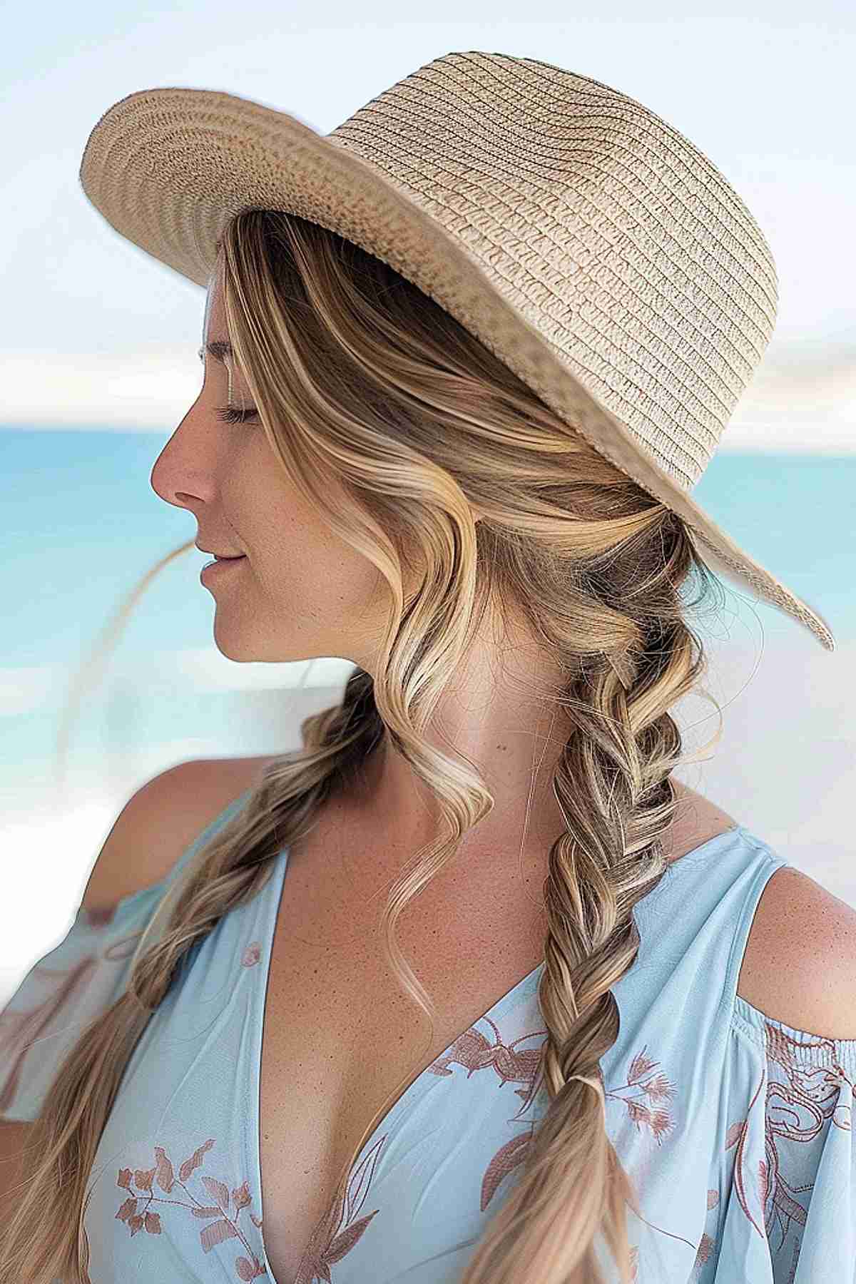 Woman with medium to long hair styled in beach-ready braids wearing a sun hat