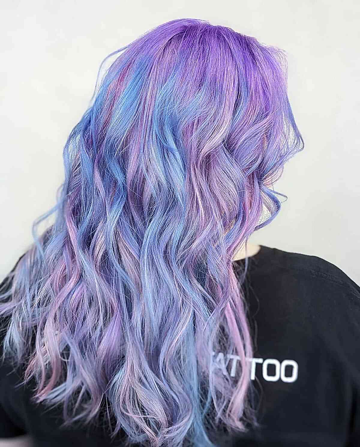 Long-Length Beach Waves with Blue-Purple Cotton Candy Hues