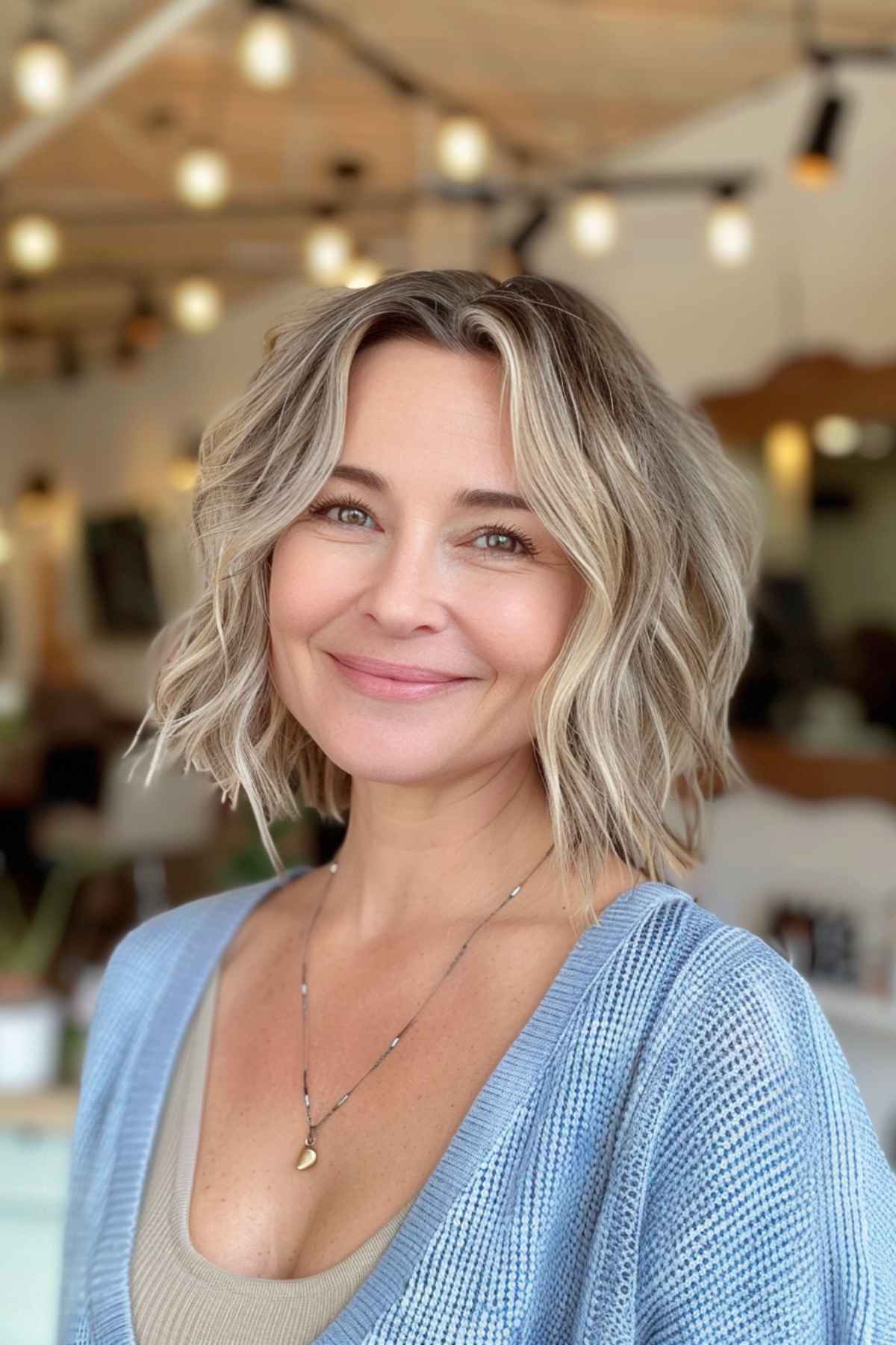 Beachy blonde messy bob with relaxed waves and soft highlights for a sun-kissed look