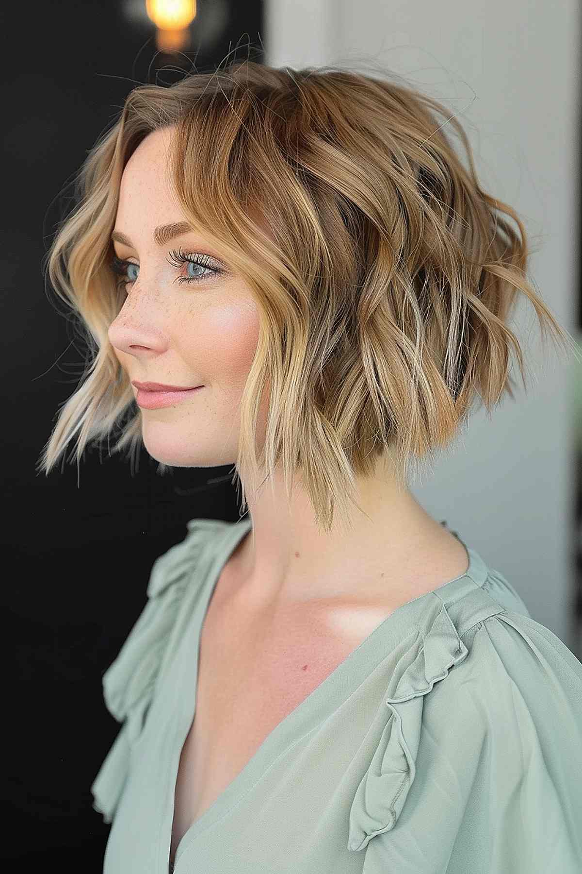 A beach wave chin-length bob featuring soft, tousled waves and subtle highlights.
