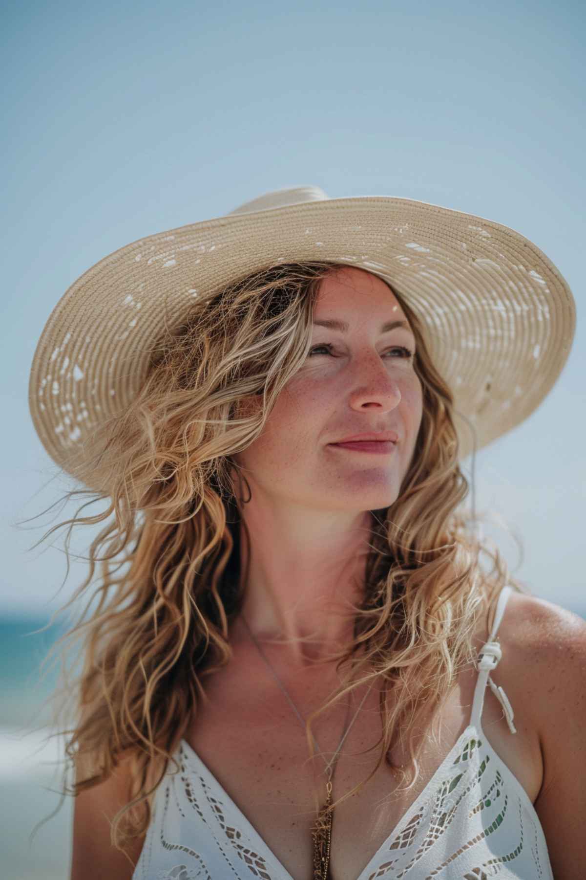 Woman with beachy waves and hat, ideal aesthetic summer hairstyle