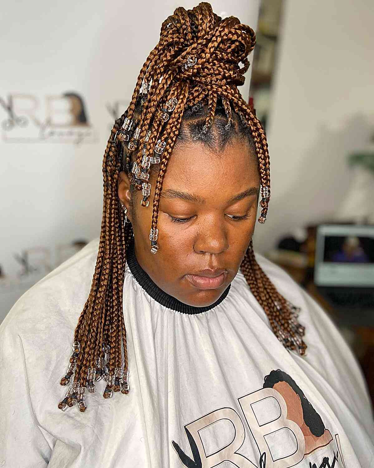 Medium Beaded Brown Knotless Braids with Clear Beads