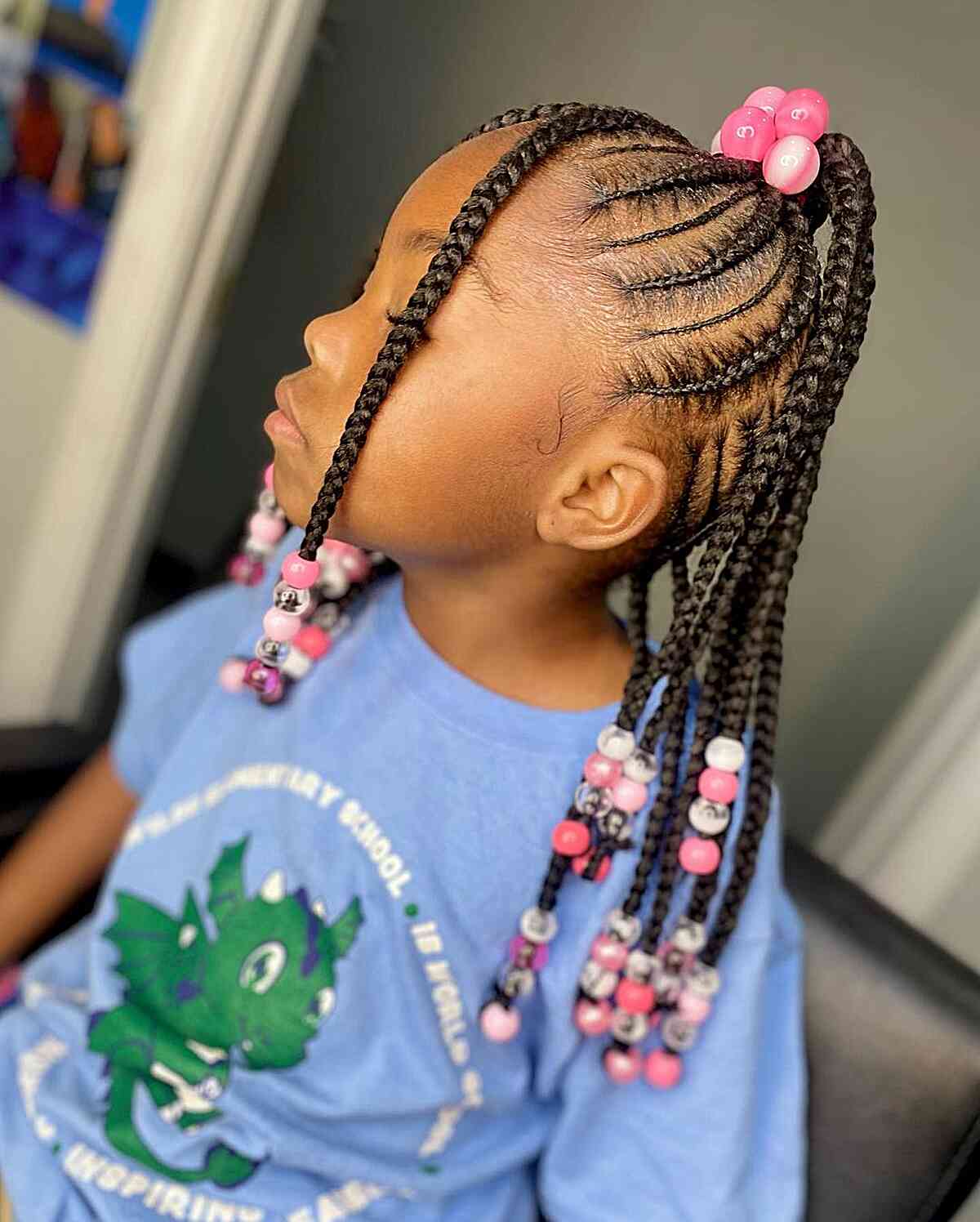 Beaded High Pony with Feed-in Braids for Black Girls' Long Hair