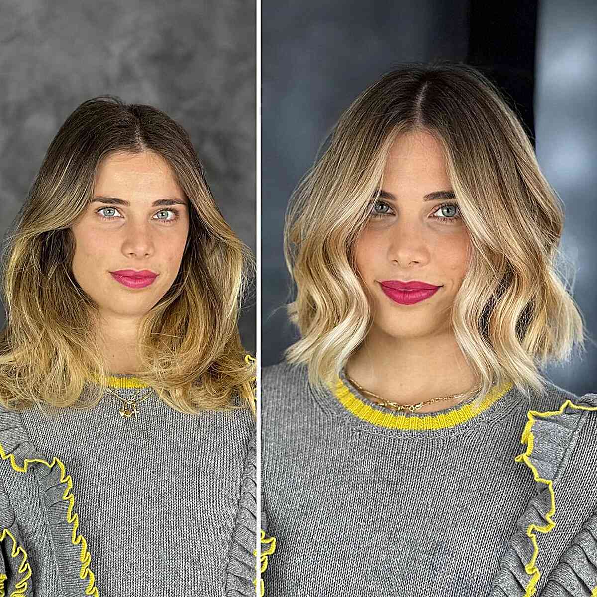 Beautiful Balayage on Thick Above-the-Shoulder Bob Cut for women with dark roots and low-maintenance style