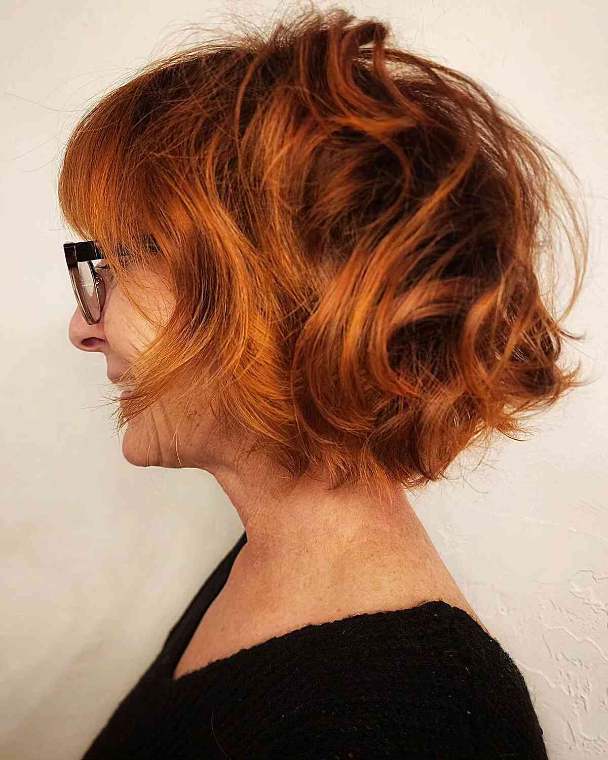 Beautiful Coppery Tousled Bob for Older Women with glasses