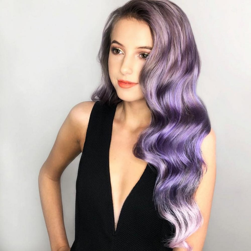 Beautiful Down Quinceanera Hairstyle with Purple Hair Color for Younger Women