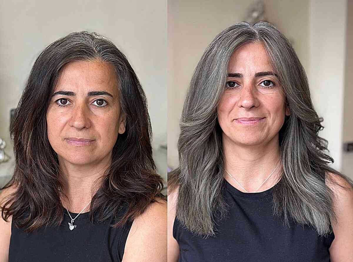 Beautiful Gray Hairstyle at Mid-Length for 50-year-old Ladies