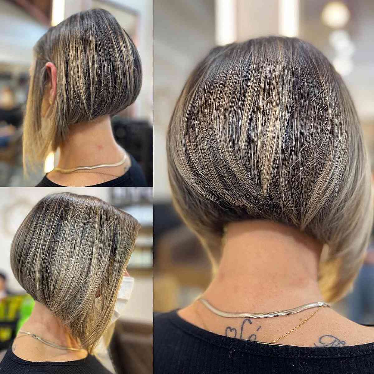 Beautiful Short Stacked Inverted Bob with Blonde Highlights