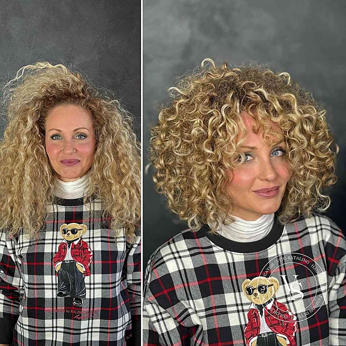 Before and after images of a woman with a Cadō cut, showing graduated layers that enhance voluminous curls and provide lift.