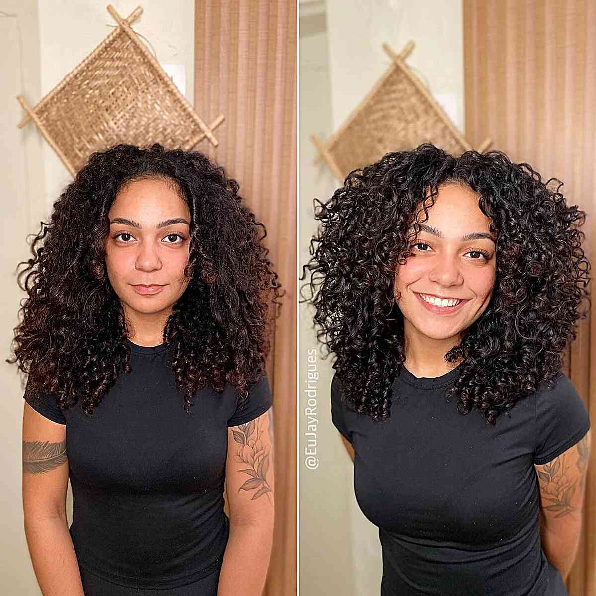 Before and after images of a woman with a center-parted Cadō cut, showcasing the transformation and enhancement of her layered curly hair.