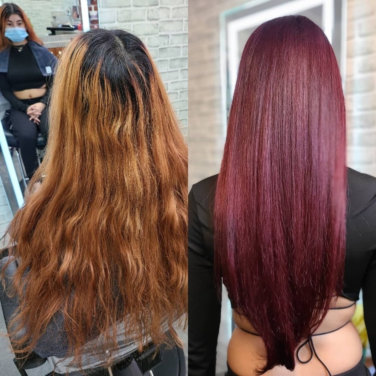 Before and after maroon hair transformation