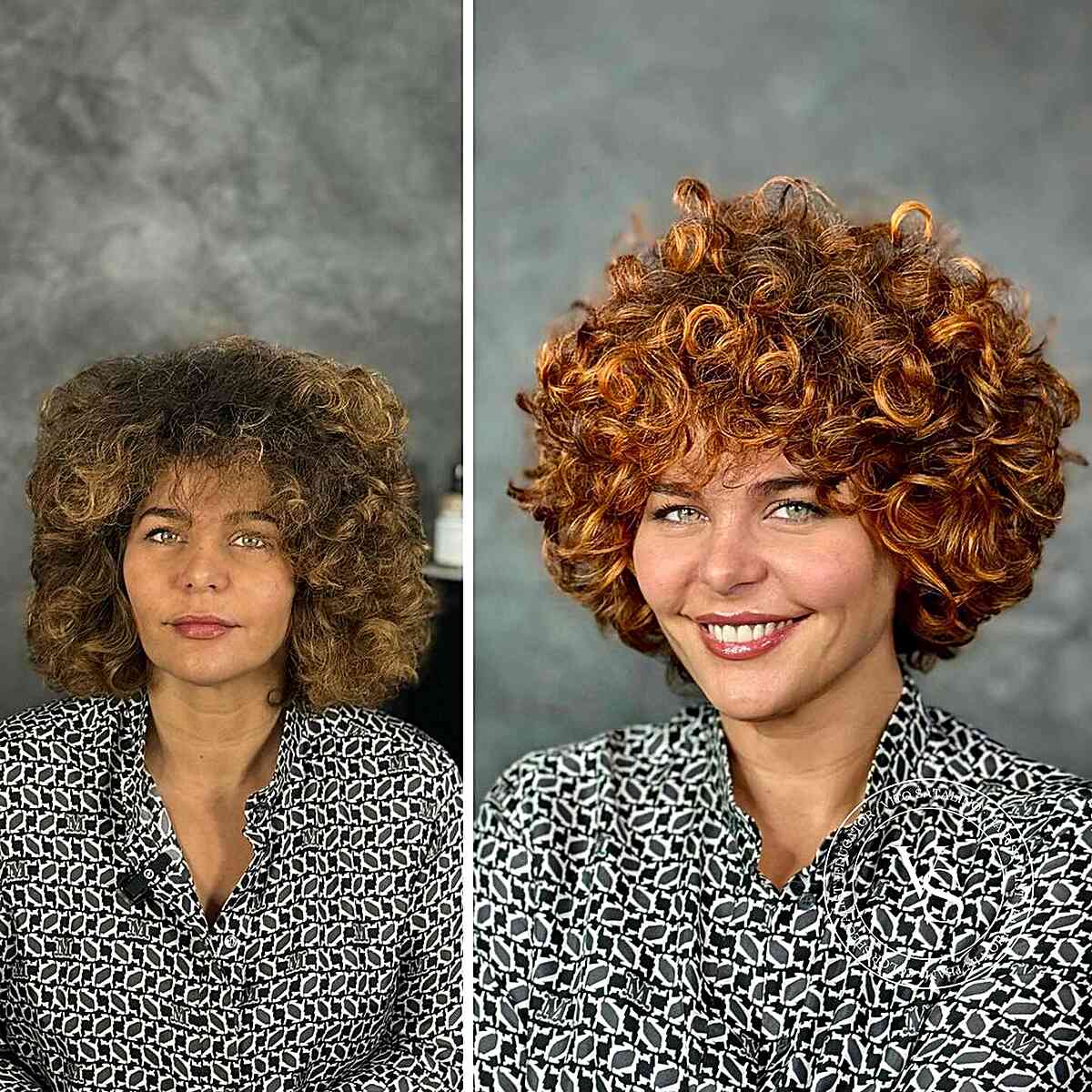 Before and after photos of a woman with a curly round Cadō cut, pre-styling and post-styling, highlighting the vibrant, dimensional red color and voluminous shape