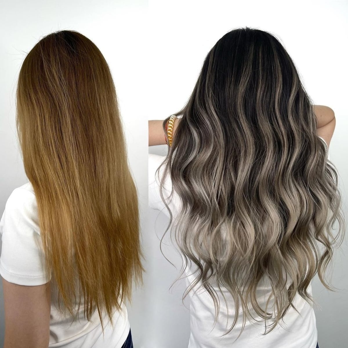 Before and after transformation of black-blonde hair color