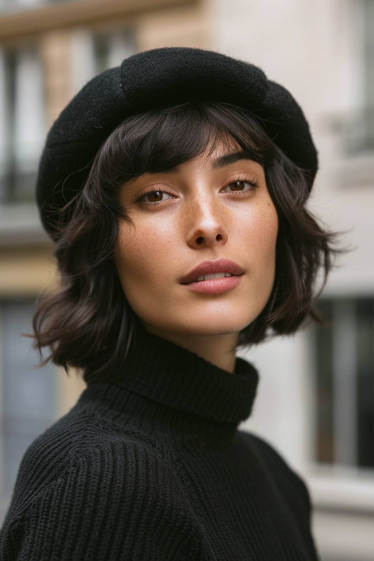 Layered bob with a black beret