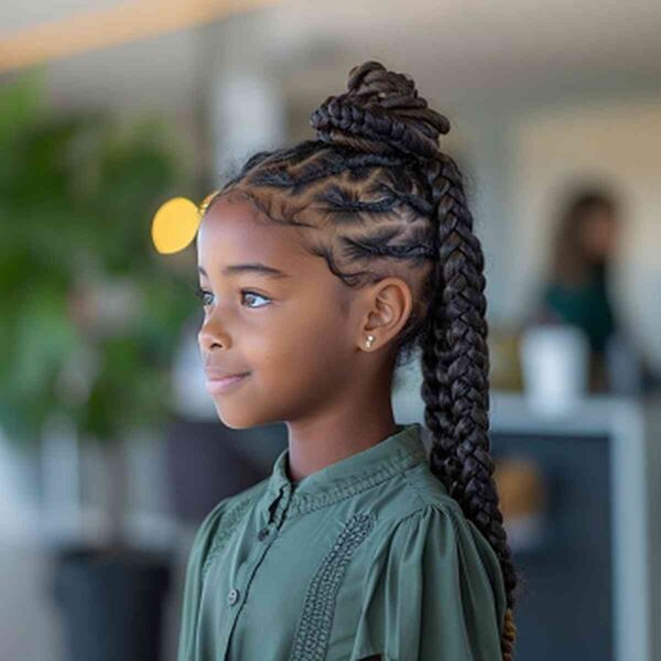 A Big Braids kids style with a braided ponytail