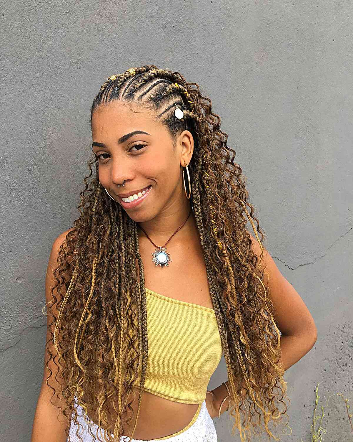 Waist-Length Black and Blonde Fulani Knotless Box Braids with Accessories