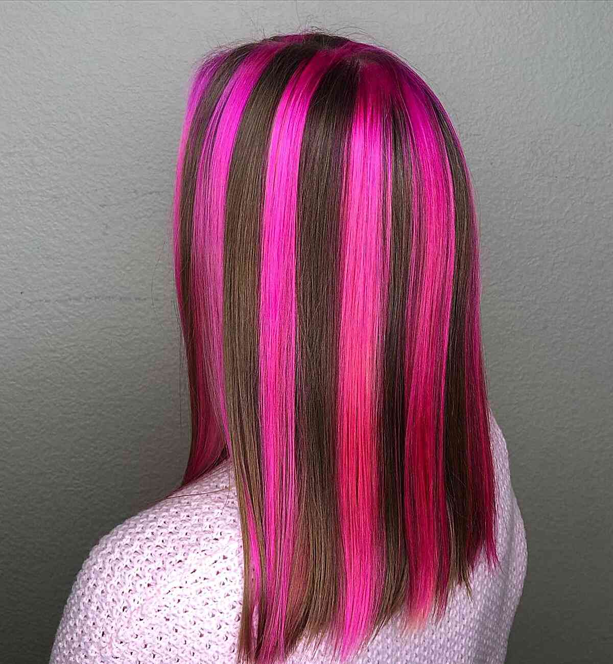Black and Pink Chunky Highlights for Mid-Length Straight Skunk Striped Hair