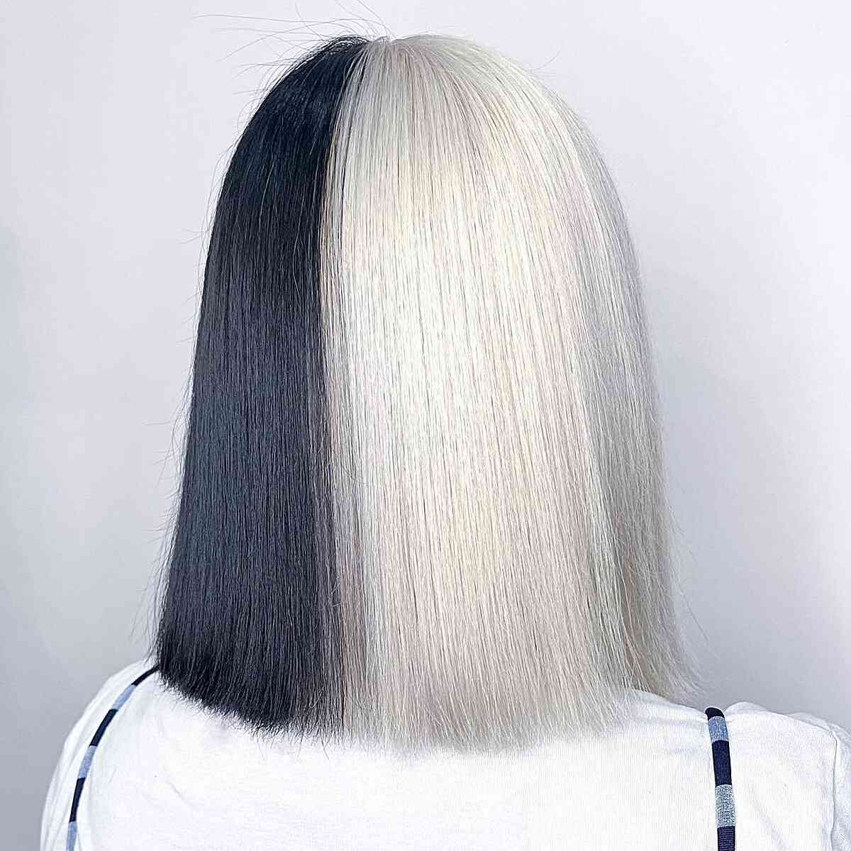 Black and White Split Hair Dye for Shoulder-Length hair
