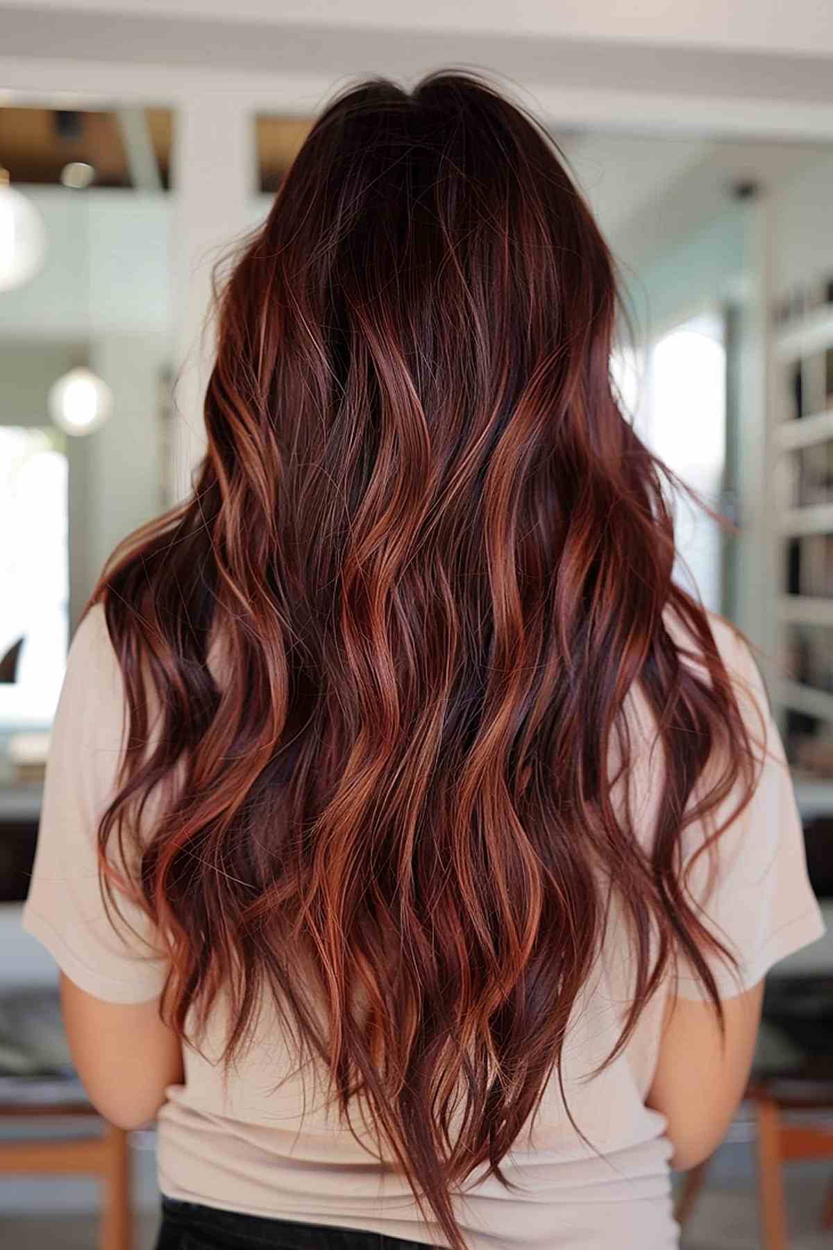 Black cherry hair with caramel highlights.