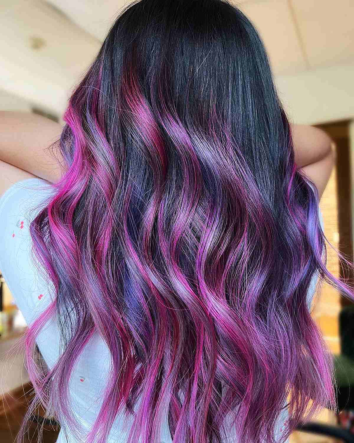 Black Hair Color with Pink and Violet Glaze for Winter