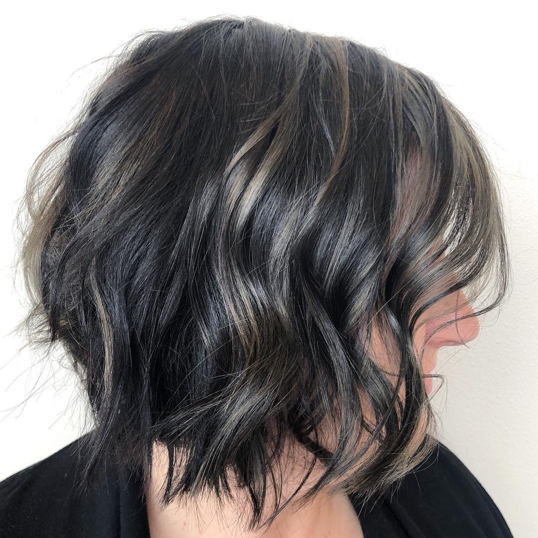 Natural Black Hair Color with Grey Peekaboo Highlights