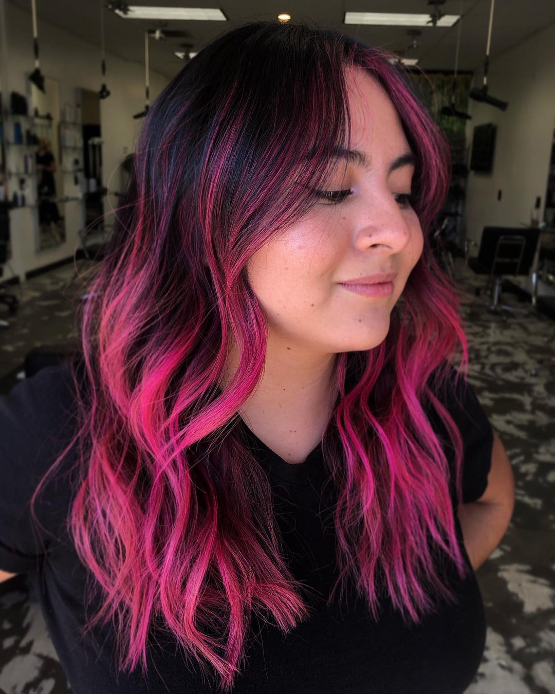 Black Hair with Bold Pink Highlights