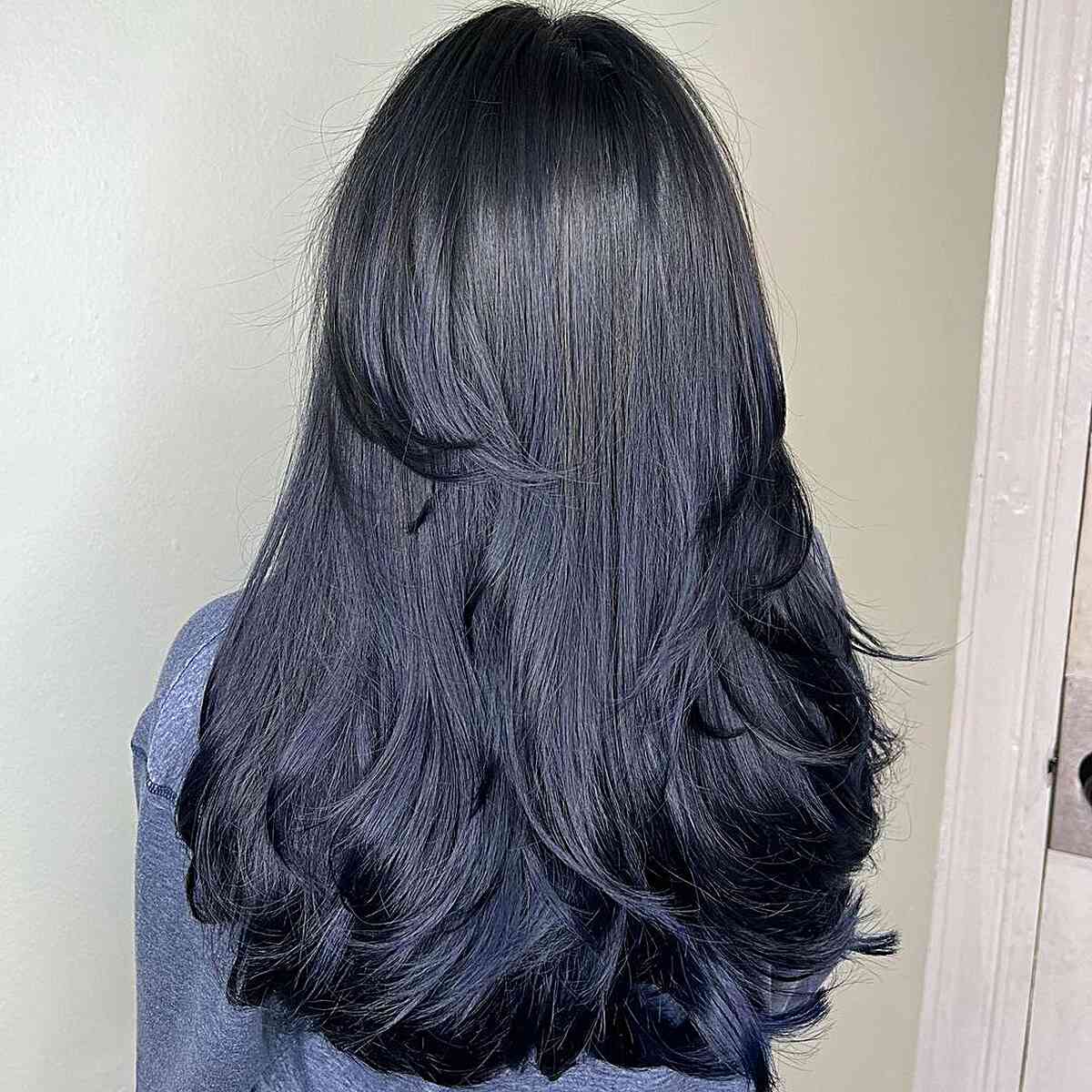 Long-Length Black Hair with Soft Dark Blue Tint